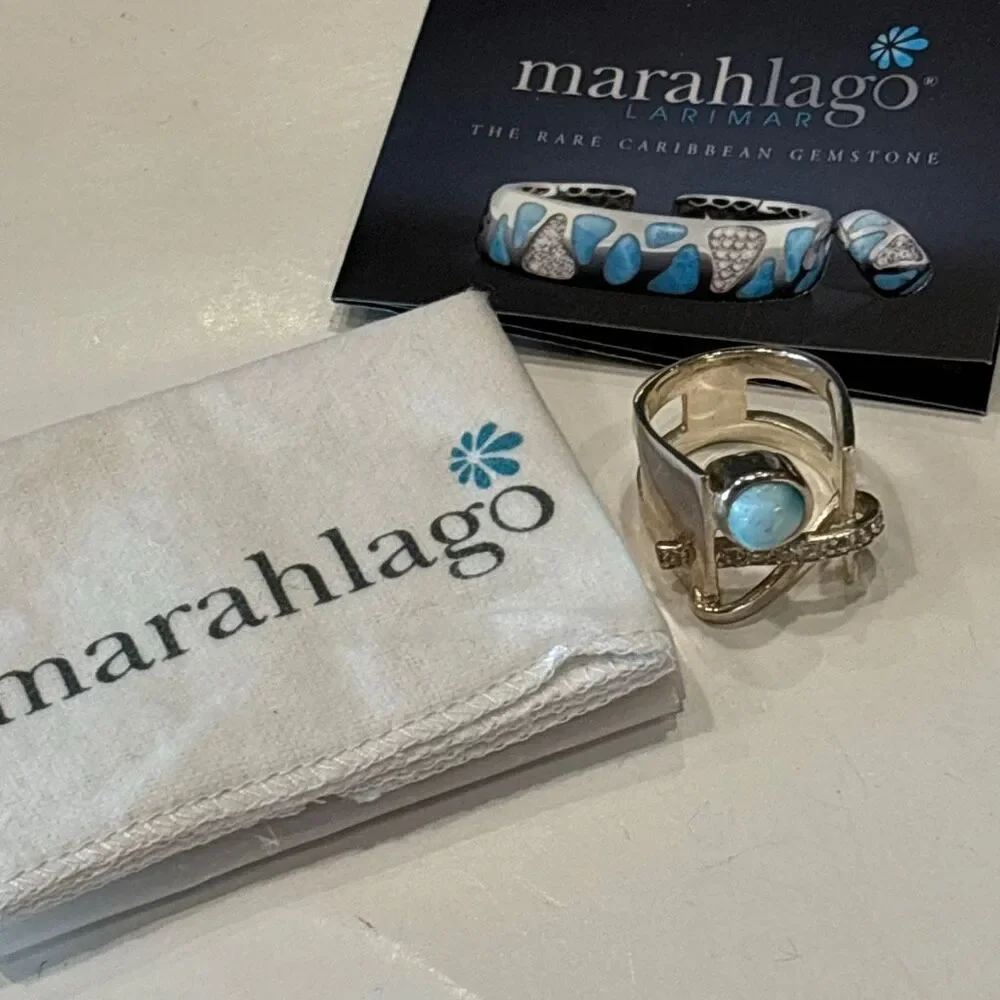 Marahlago Larimar Dante Sterling silver white topaz sculpture ring Sz 8 - Picture 10 of 12